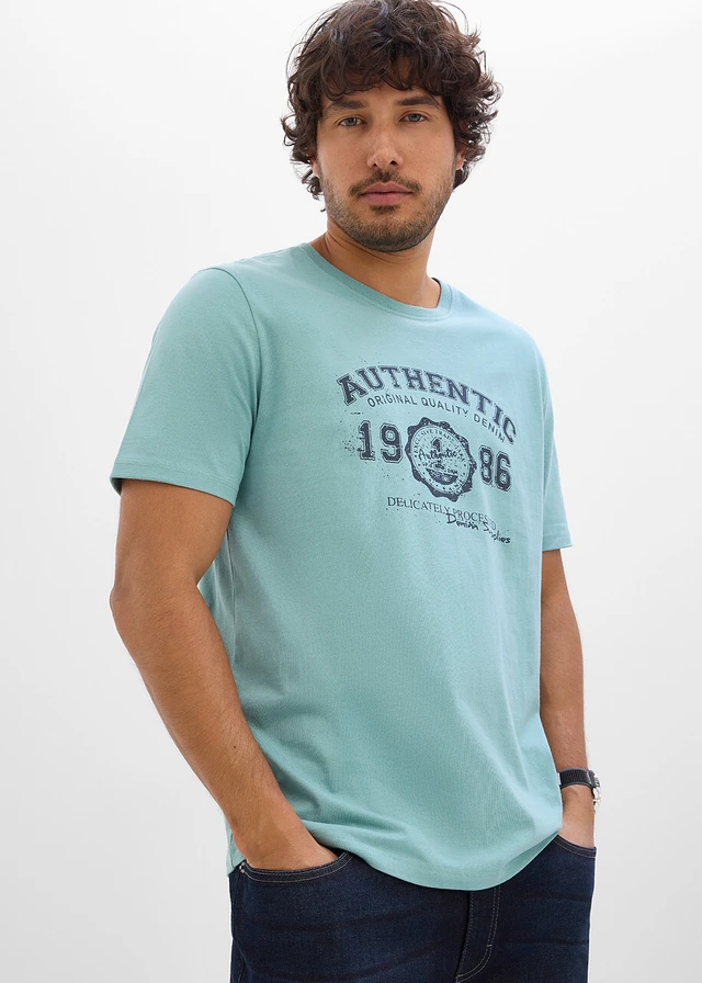 Lot de 2 T-shirts 100% coton, Couleur: bleu foncé+bleu minéral imprimé