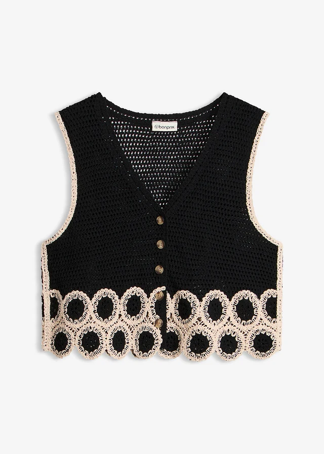 Top boutonné en maille 100% coton, Couleur: noir