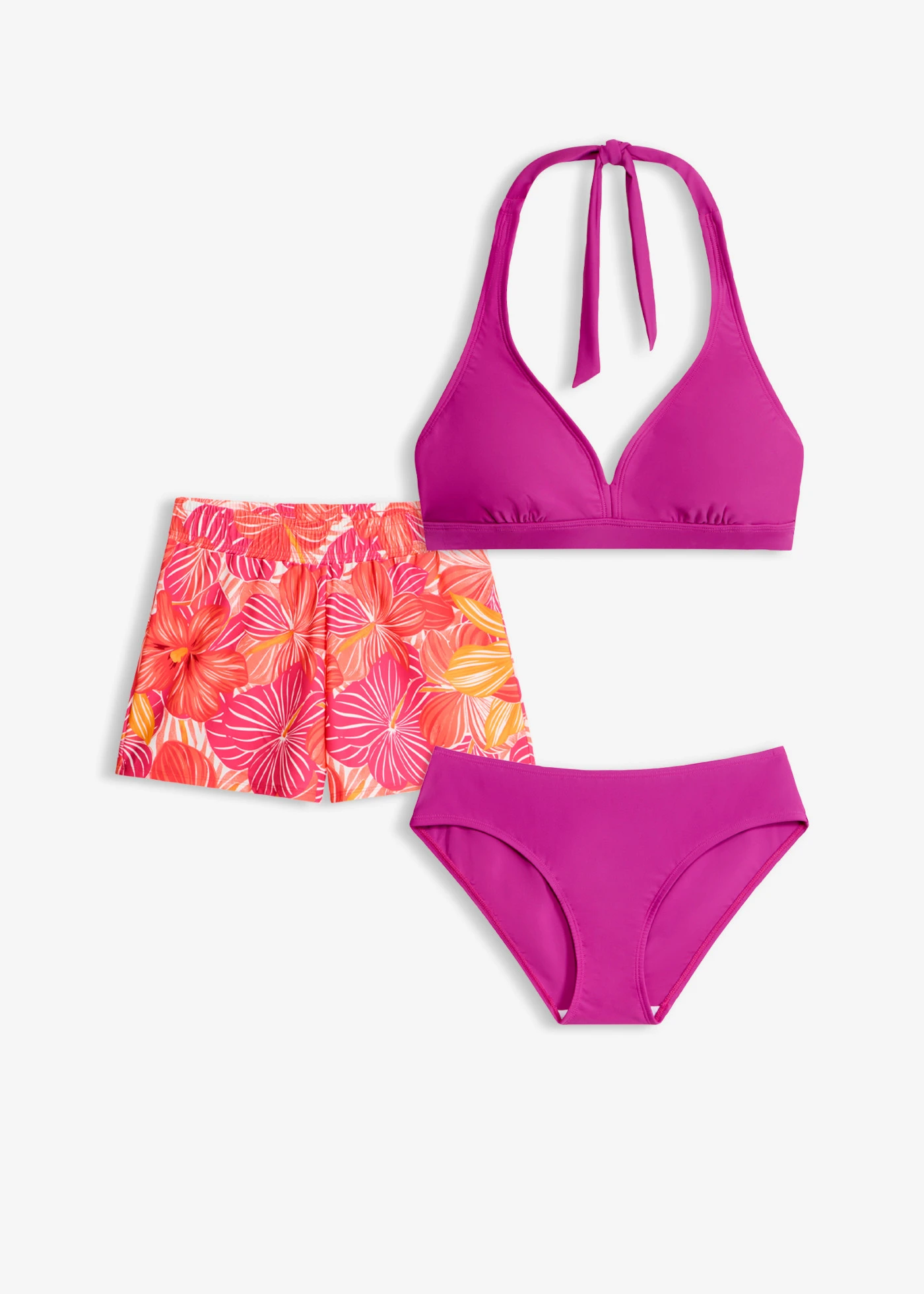 Nyakpántos bikini és fürdőalsó (3-részes szett) • lila-színes virágmintás • bonprix áruház