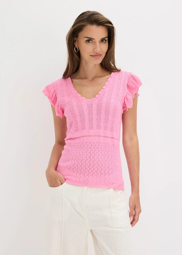 Gebreid shirt in een zachte viscosemix, Kleur: roze