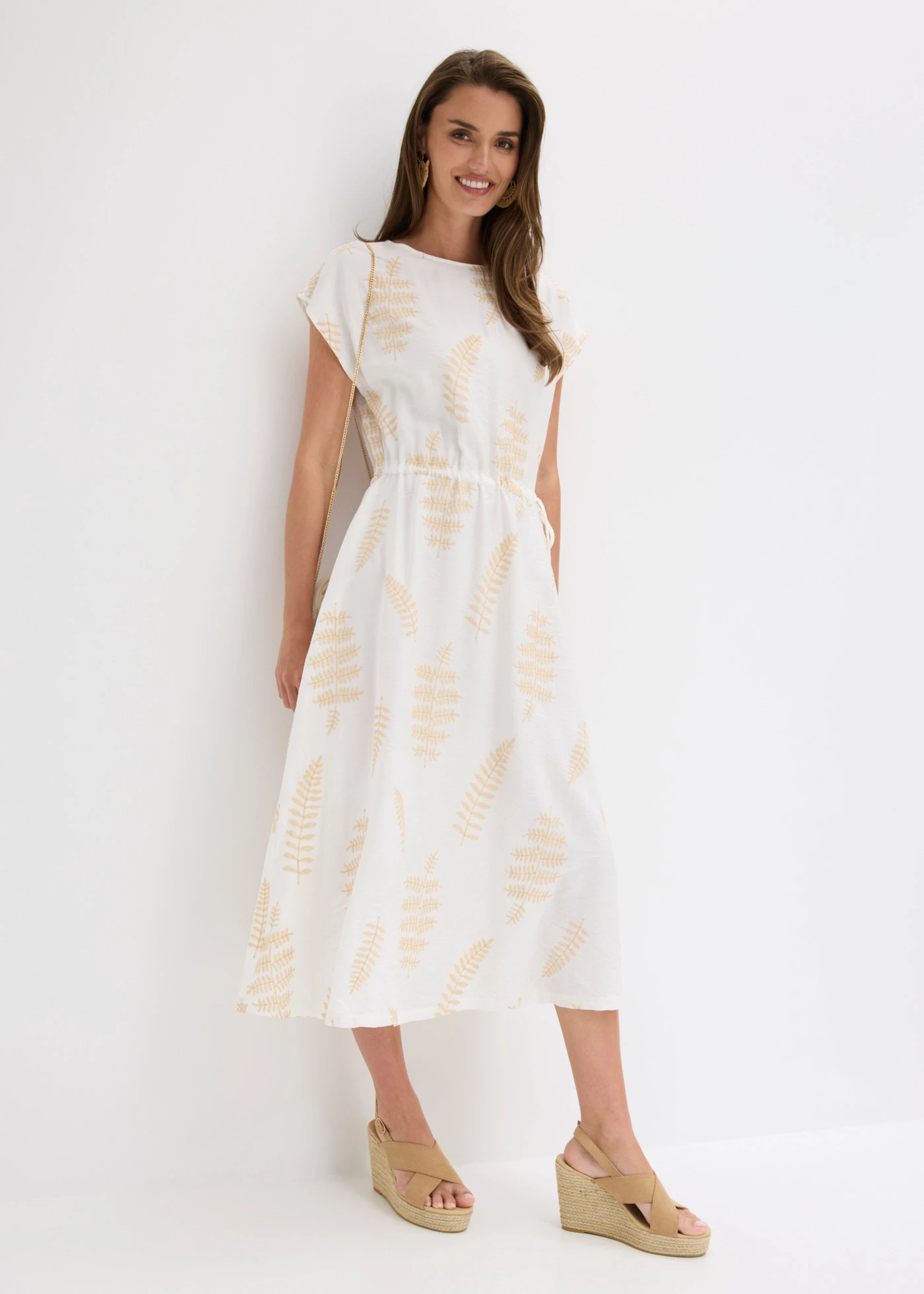Midi jurk met borduursel • wolwit-beige gebloemd • bonprix online shop