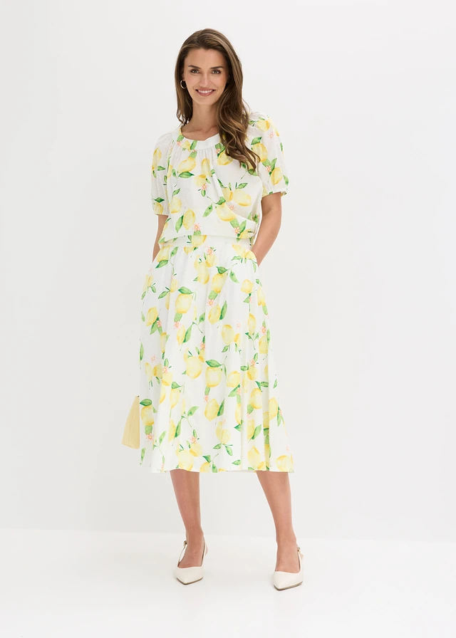 Jupe midi 100% coton, Couleur: blanc-jaune imprimé citrons