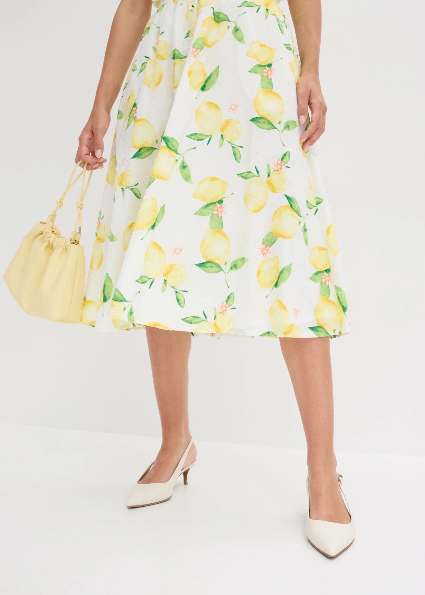 Fustă midi din bumbac 100% • alb-galben lămâi cu imprimeu • magazin bonprix