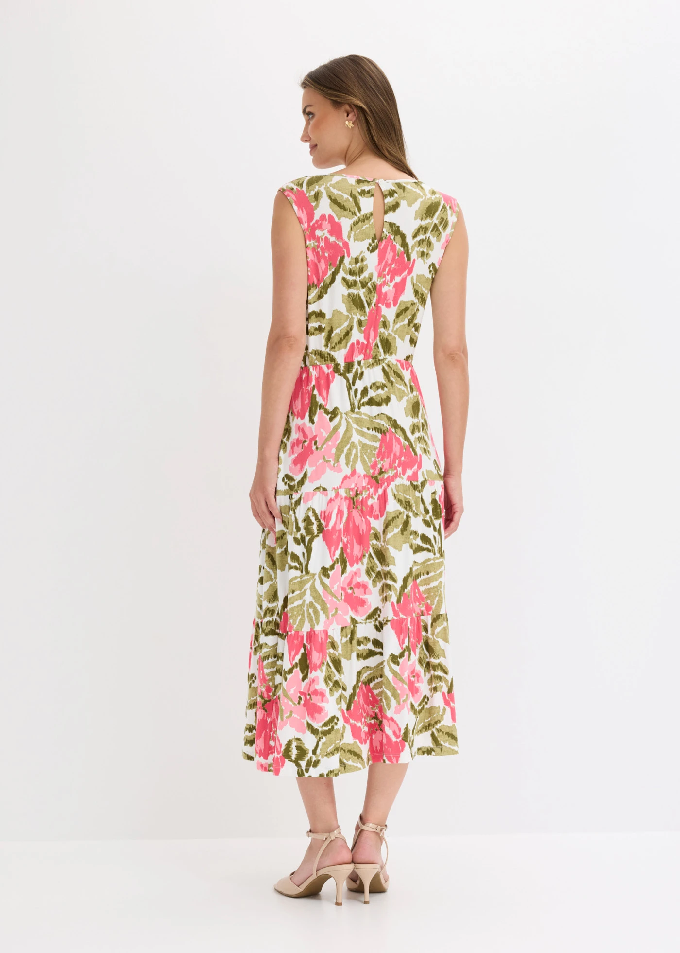 Rochie din jerse moale cu viscoză • ecru-verde-pink floral • magazin bonprix