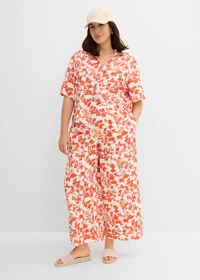 Blouse met korte mouwen in een soepele viscosemix, Kleur: wit/kaneelrood gedessineerd