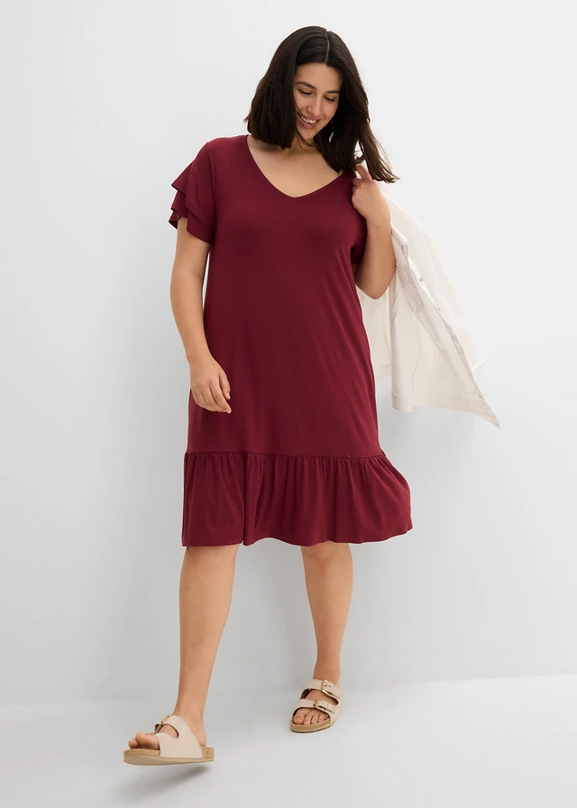 Robe en jersey viscose à volants, Couleur: rouge érable