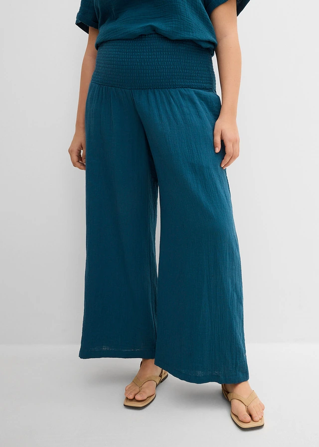 Pantalon palazzo en gaze de coton, Couleur: pétrole