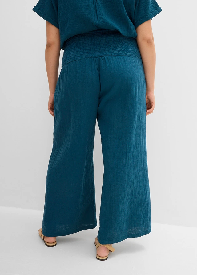 Pantalon palazzo en gaze de coton, Couleur: pétrole