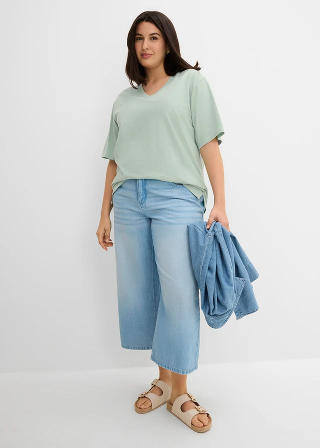 Katoenen boxy shirt van slub garen (set van 2), Kleur: zwart-kristalmint