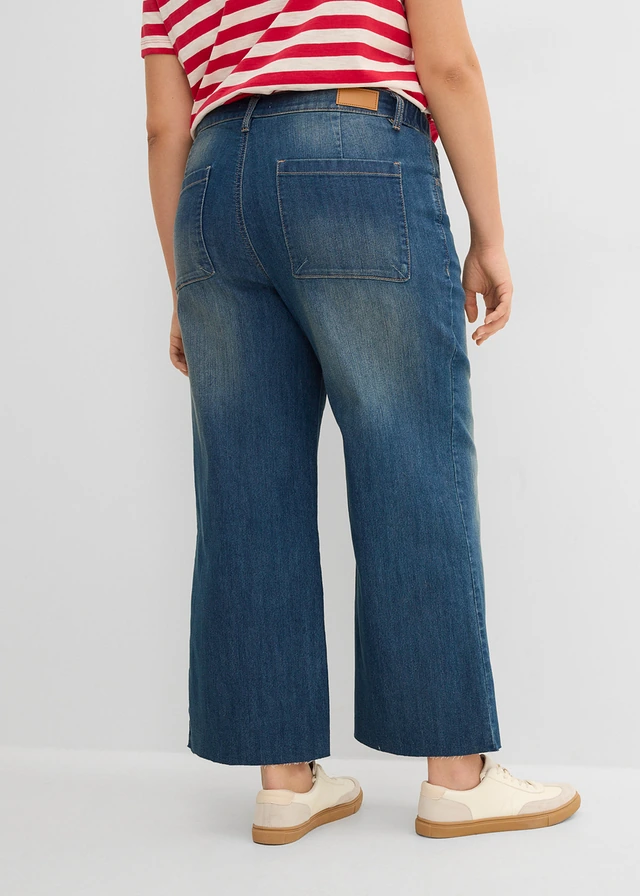 Jean large, taille haute, raccourci, Couleur: bleu denim used