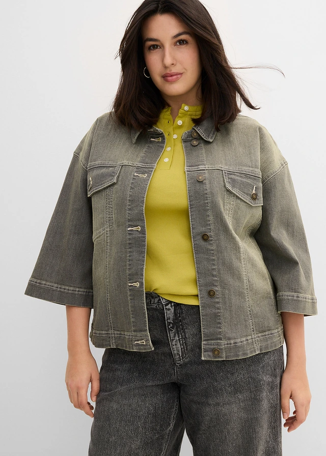 Veste en jean, manches 3/4, Couleur: olive used