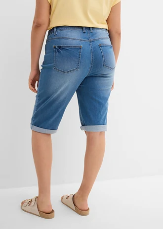 Bermuda en jean, taille mi-haute élastiquée, Couleur: bleu clair denim used