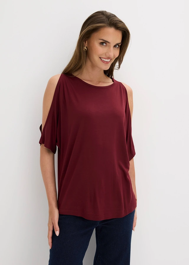 Cold shoulder shirt van viscose, Kleur: esdoornrood