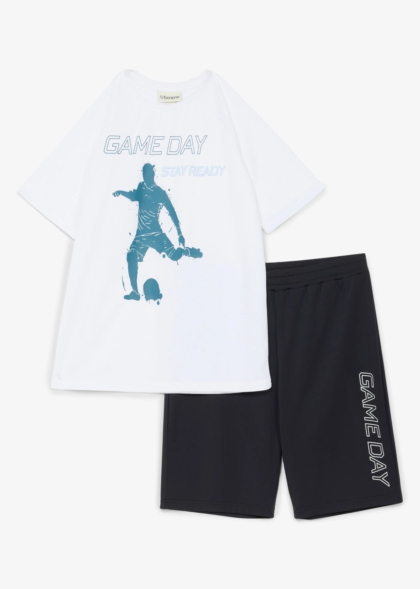 Sport-T-shirt en bermuda van sneldrogend materiaal (2 dlg.-set) • wit-zwart met print • bonprix online shop