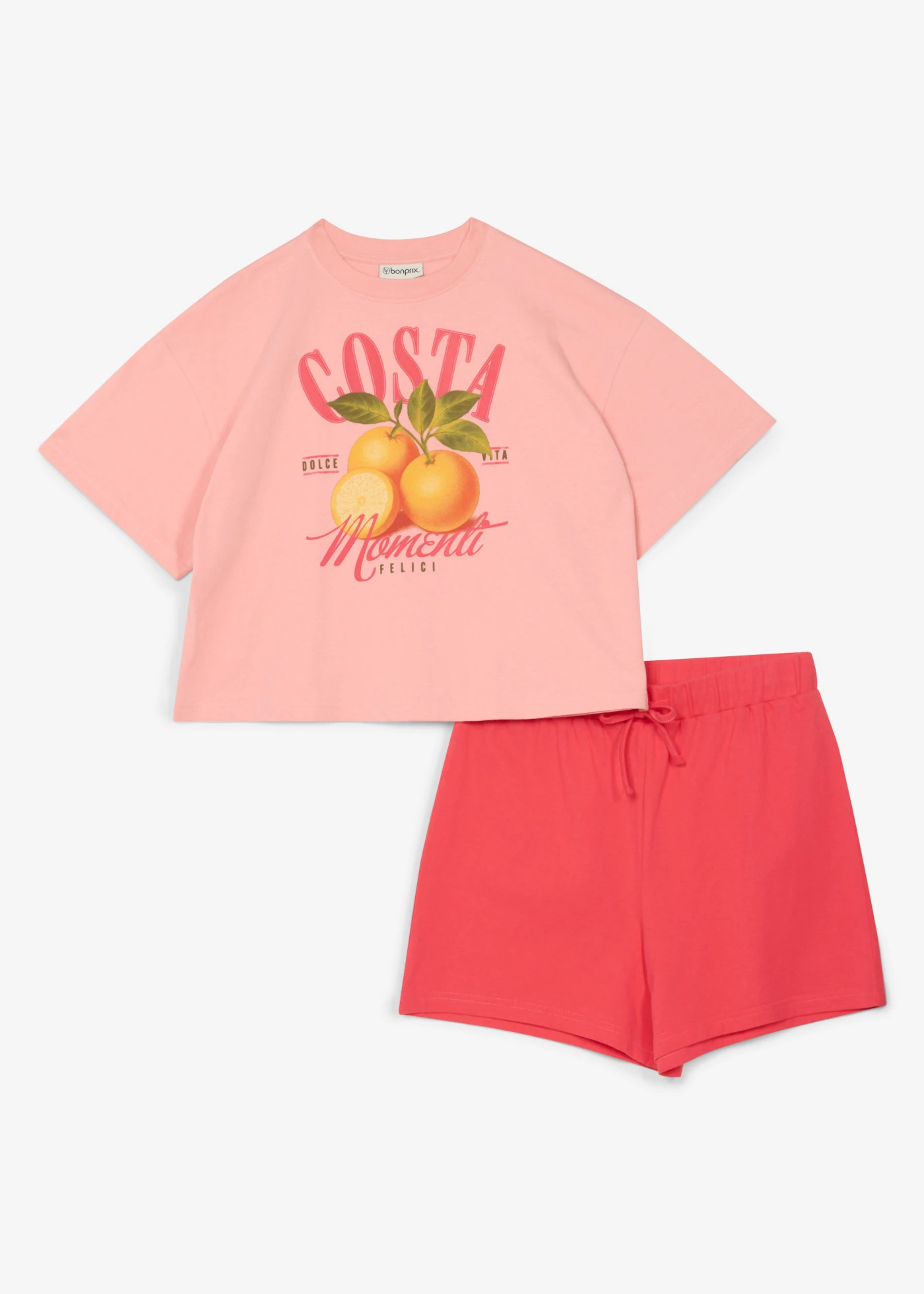 Komplet z bawełny organicznej: T-shirt i krótkie spodenki (2 części) • rajski różowy+kremowy jasnoróżowy z nadrukiem • sklep bonprix