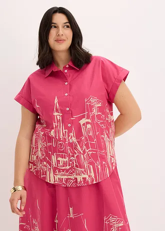 Popelínová oversize halenka s krátkým rukávem, z bavlny, barva: pinklady-šedobéžová s grafickým potiskem