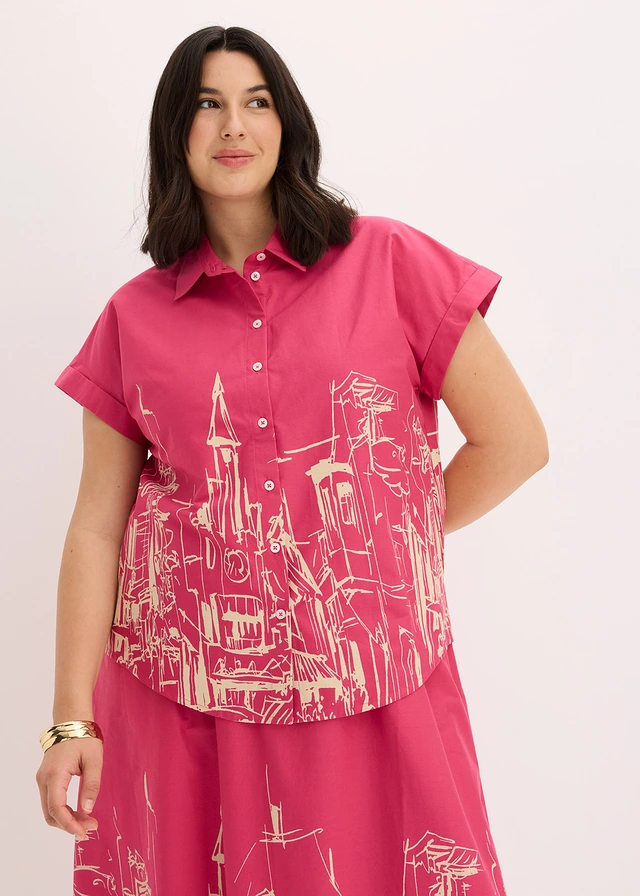 Oversized popeline blouse van katoen met korte mouwen, Kleur: pinklady/kiezelgrijs grafische print