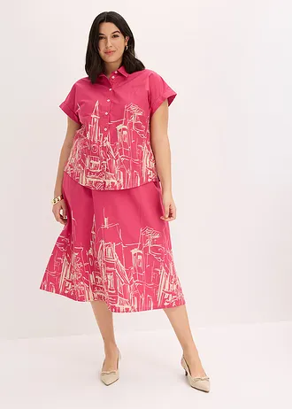 Oversized popeline blouse van katoen met korte mouwen, Kleur: pinklady/kiezelgrijs grafische print