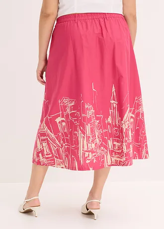 Jupe midi 100% coton, Couleur: fuchsia-beige galet graphique