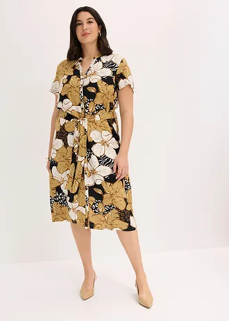 Viscose jurk met strikceintuur, Kleur: zwart-new beige gebloemd