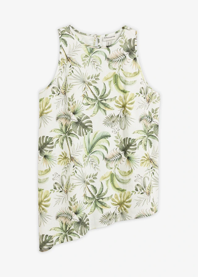 Gedessineerde blouse van een linnen-mix, Kleur: wit-olijfgroen gedessineerd