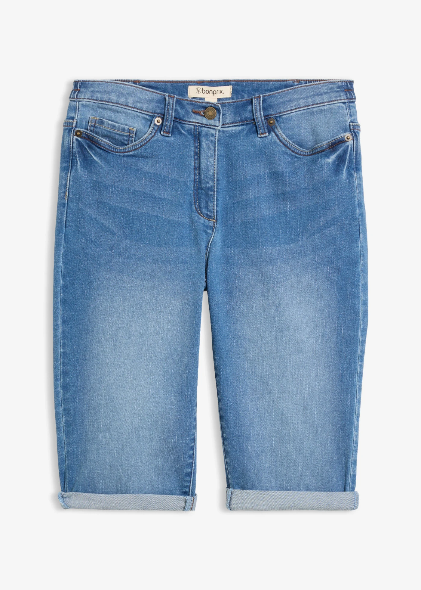 Bermuda en jean, taille mi-haute élastiquée • bleu clair denim used • Boutique bonprix