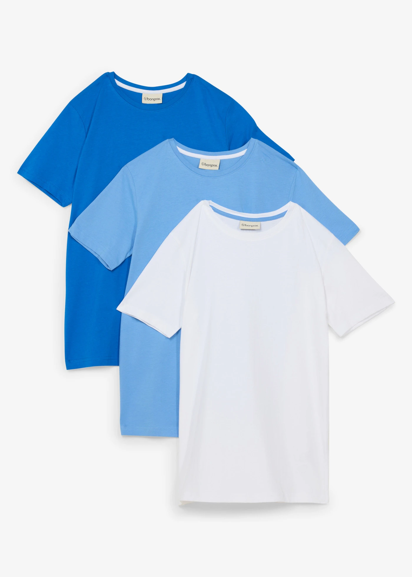 T-shirt van biologisch katoen (set van 3) • azuurblauw+middenblauw+wit • bonprix online shop