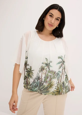Chiffon blouse met ondershirt, Kleur: parelwit-olijfgroen met print