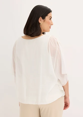 Chiffon blouse met ondershirt, Kleur: parelwit-olijfgroen met print