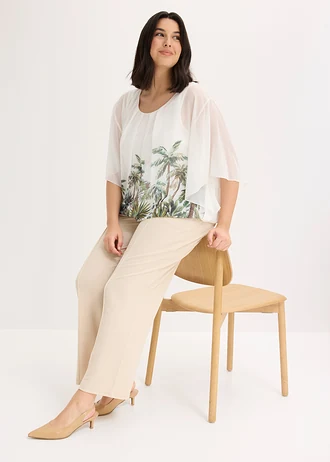 Chiffon blouse met ondershirt, Kleur: parelwit-olijfgroen met print
