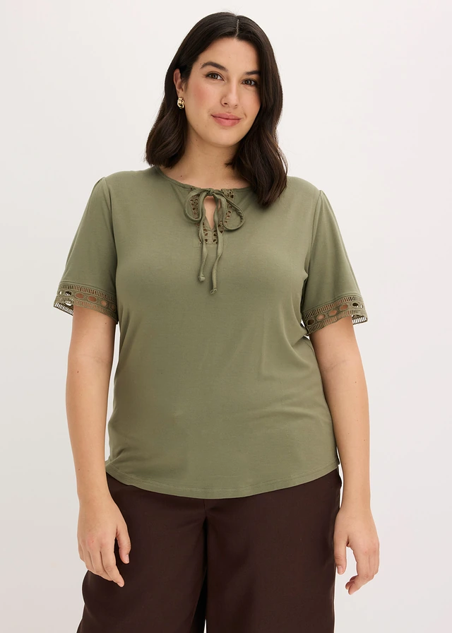 Shirt tuniek met kanten lint, Kleur: olijfgroen