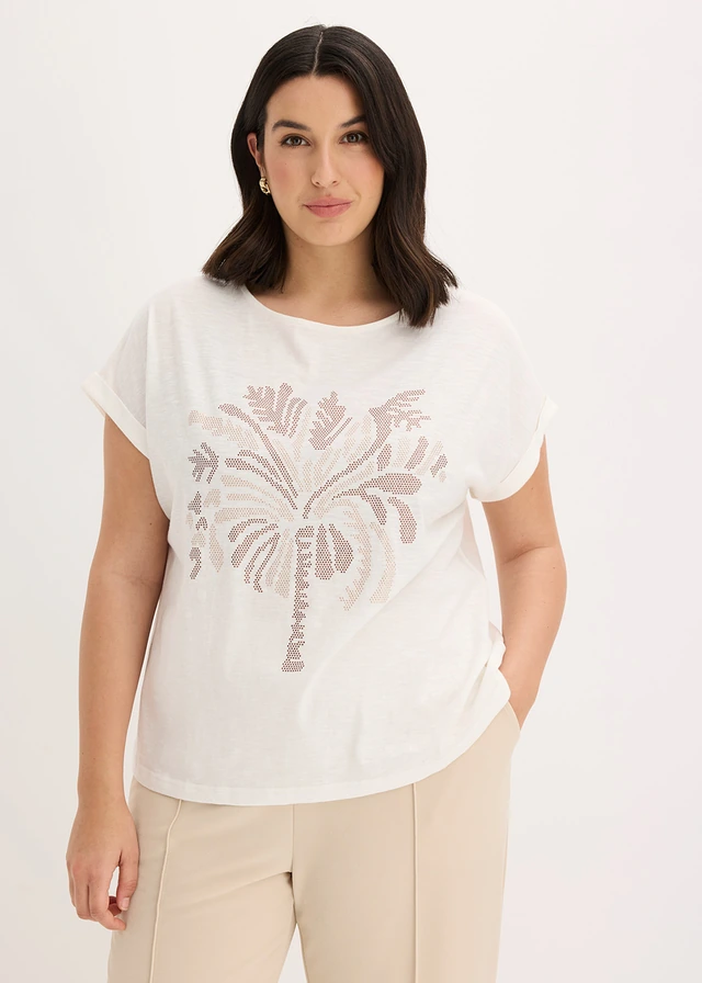 T-shirt en coton avec rivets, Couleur: écru imprimé