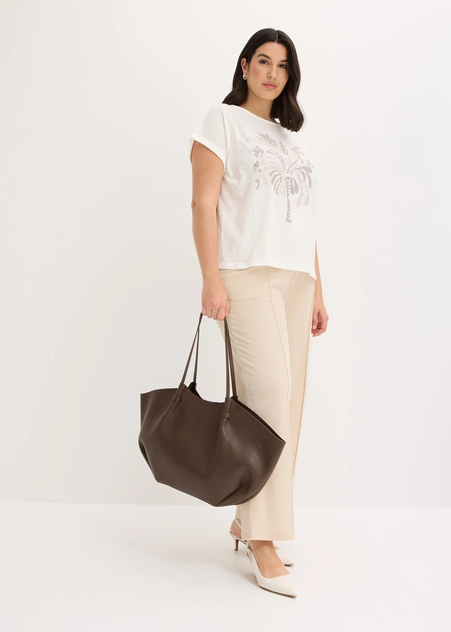 Katoenen shirt met studsapplicatie, Kleur: wolwit met print