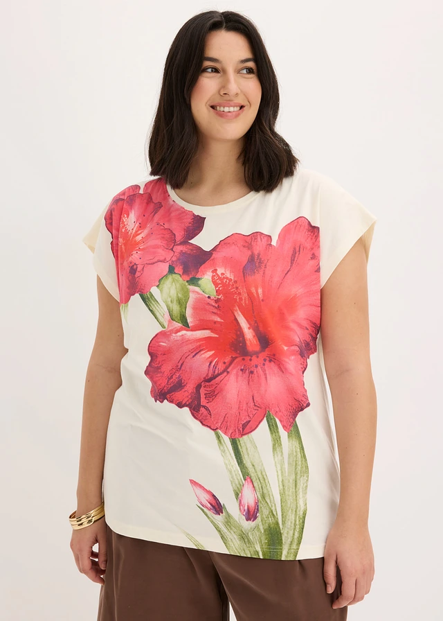 T-shirt 100% coton, Couleur: écru-fuchsia floral