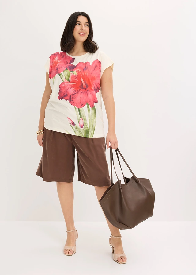 T-shirt 100% coton, Couleur: écru-fuchsia floral