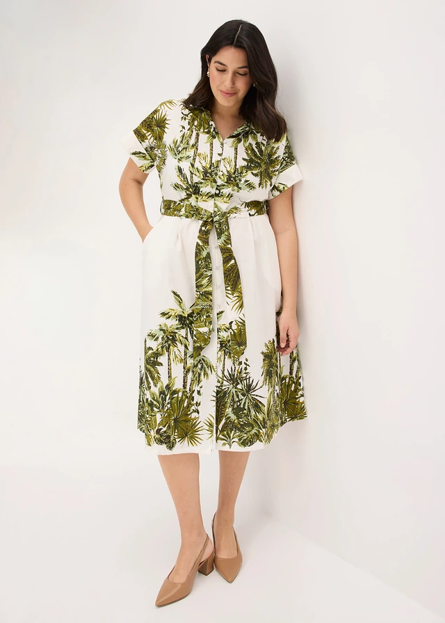 Robe-chemise avec lien à nouer, Couleur: blanc nacré-olive imprimé