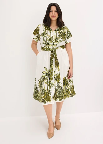 Robe-chemise avec lien à nouer, Couleur: blanc nacré-olive imprimé