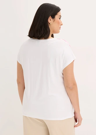 T-shirt à épaules descendues, Couleur: blanc-rose fuchsia-orange vif floral