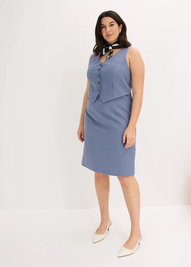 Robe fourreau sans manches effet blazer, Couleur: bleu fumé