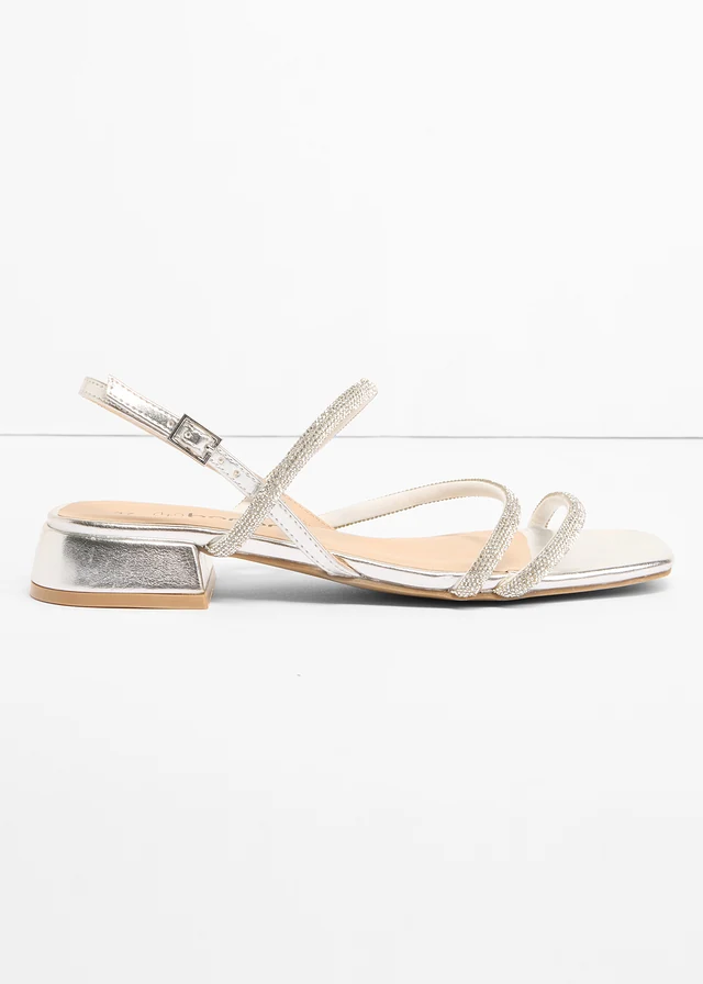 Riemensandalen met glittersteentjes, Kleur: zilver metallic