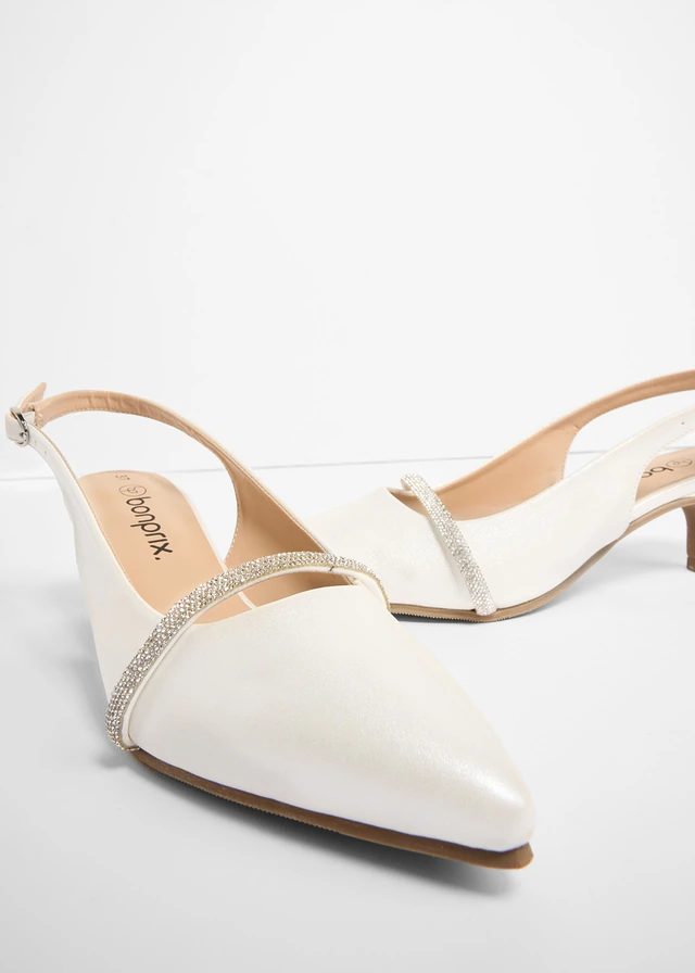 Escarpins slingback avec strass, Couleur: blanc nacré métallisé