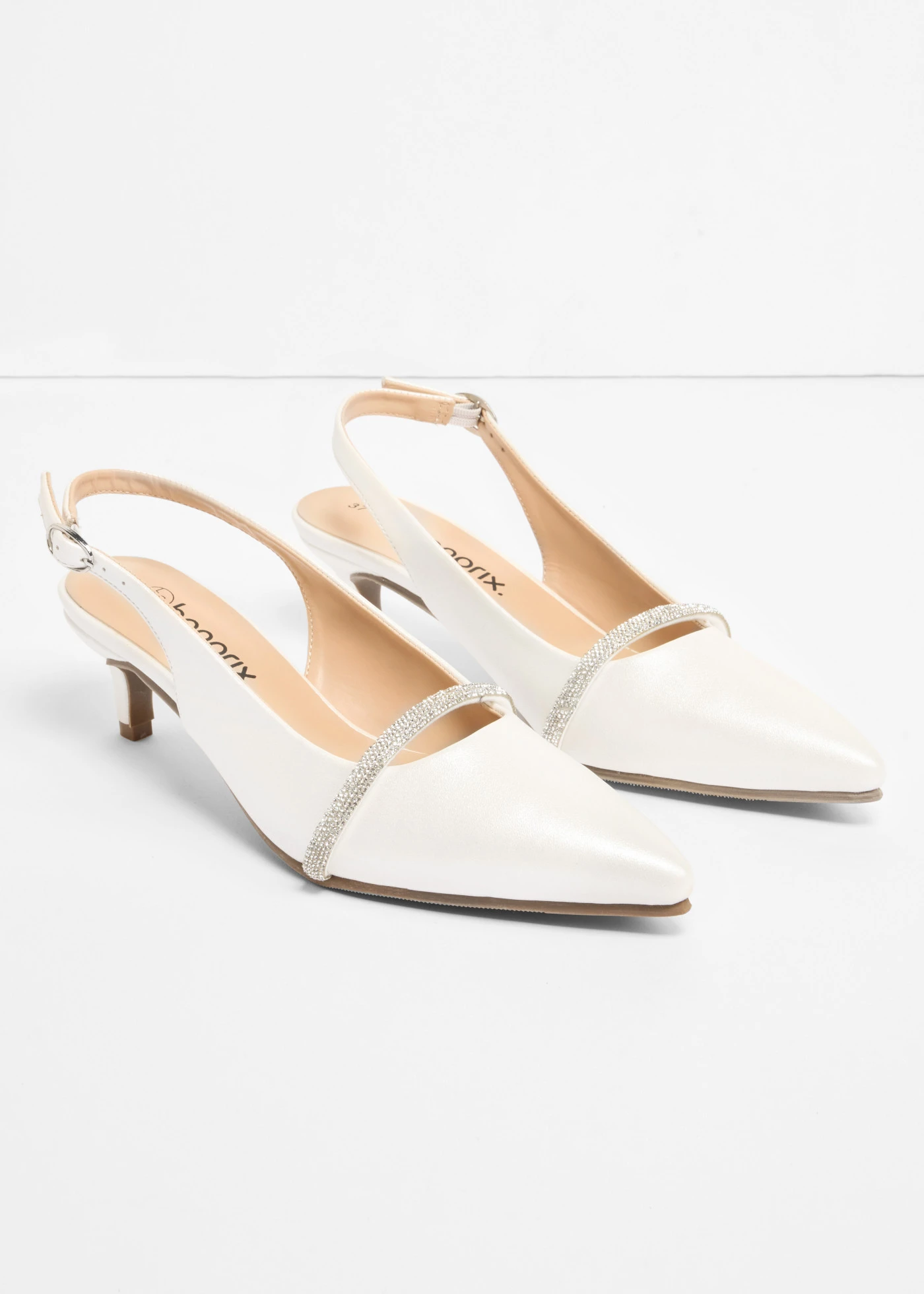 Pantofi sling pumps cu călcâi liber și pietricele sclipitoare • alb-perl metalic • magazin bonprix