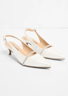 Pantofi sling pumps cu călcâi liber și pietricele sclipitoare, culoare: alb-perl metalic