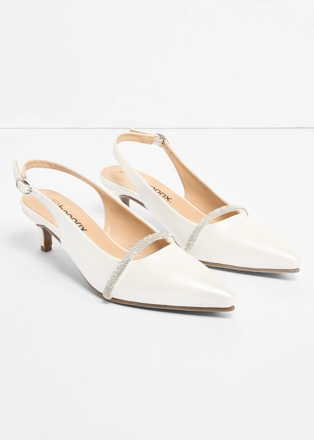 Escarpins slingback avec strass, Couleur: blanc nacré métallisé