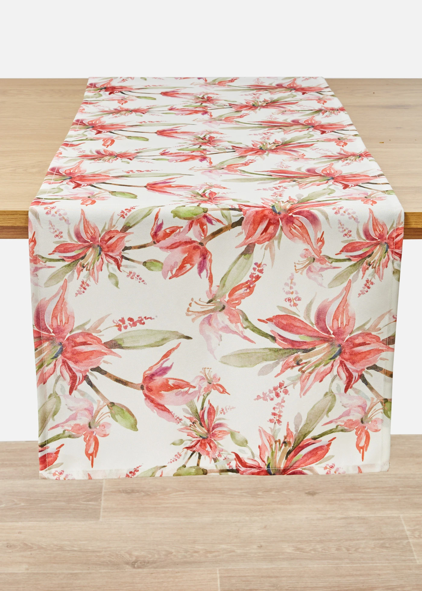 Față de masă îngustă din material impermeabil, cu imprimeu cu flori • roz-fucsia-verde-alb • magazin bonprix