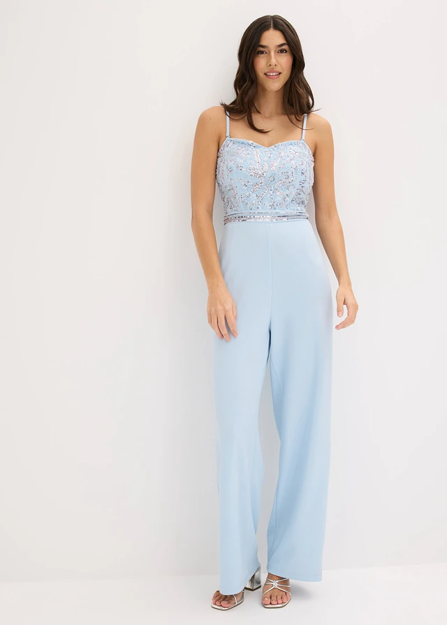 Jumpsuit van gestructureerde crêpe met parelborduursel, Kleur: poederblauw