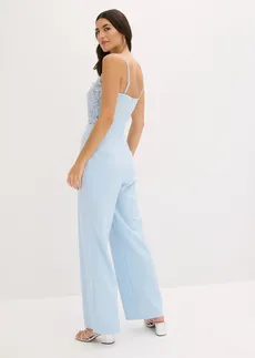 Jumpsuit van gestructureerde crêpe met parelborduursel • poederblauw • bonprix online shop