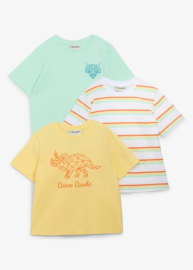Tricou din bumbac organic 100% (set/3 buc.) • galben deschis+verde-mentă deschis +alb cu imprimeu • magazin bonprix