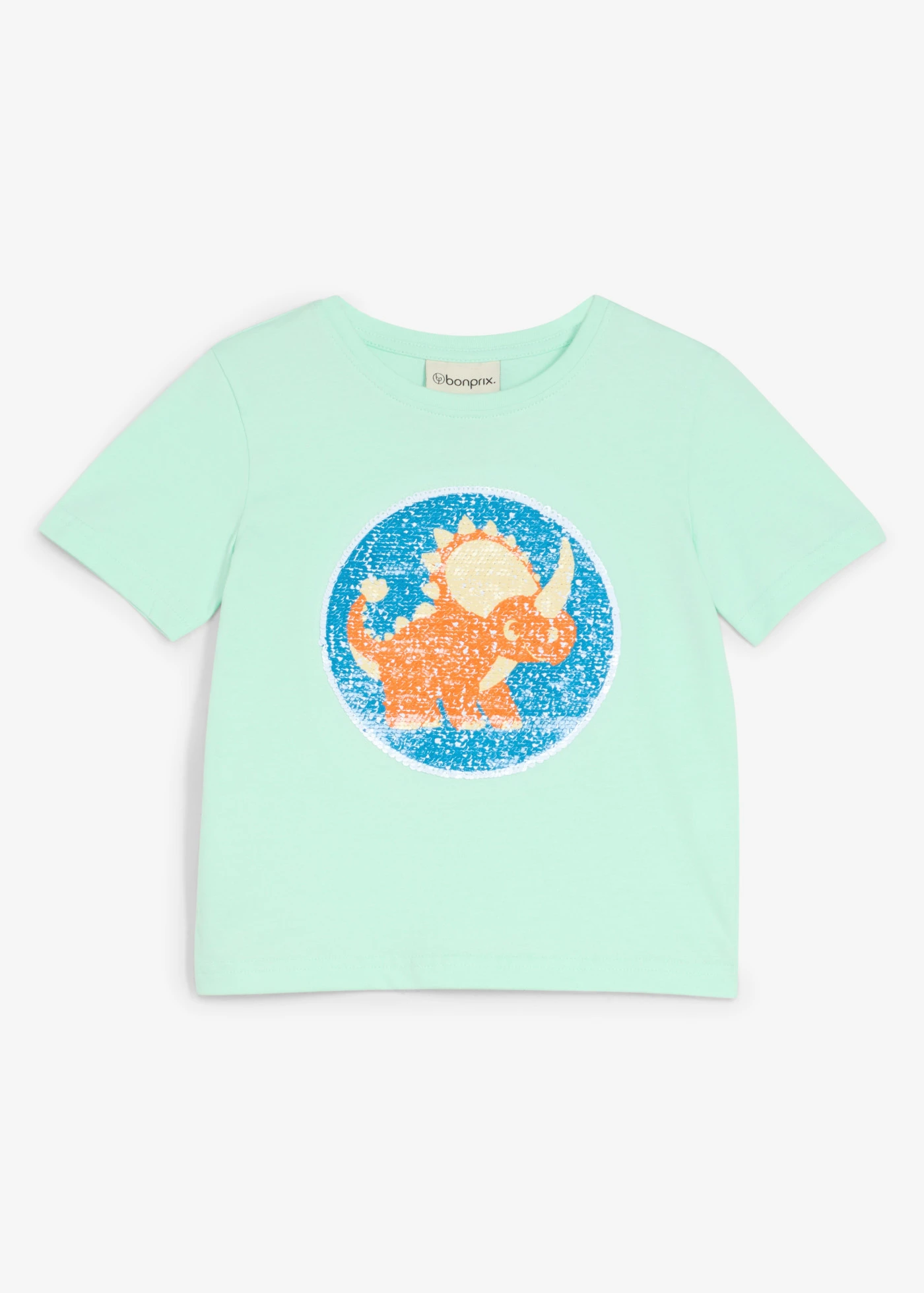 T-shirt z czystej bawełny organicznej zdobiony cekinami • jasny miętowy z nadrukiem • sklep bonprix