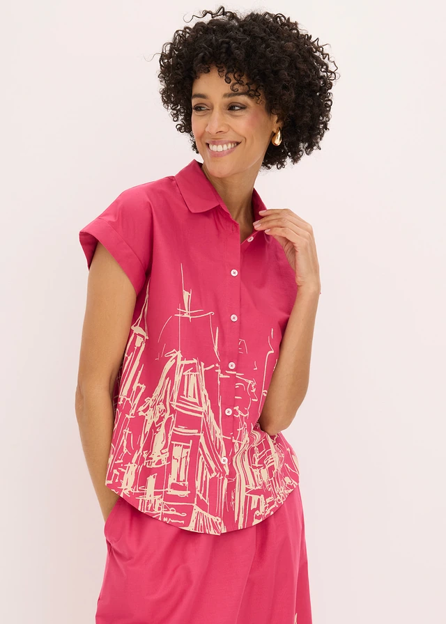 Chemisier manches courtes oversize en popeline de coton, Couleur: fuchsia-beige galet graphique
